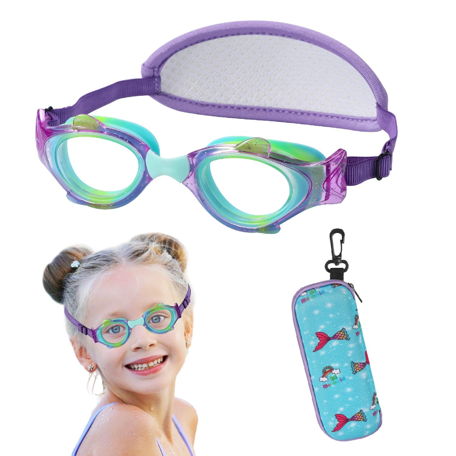 RUIGAO Kids Swim Goggles Age 2-6, Toddler Goggles No Hair Pull,UV Protection/Anti Fog/Padded HeadBand (2PK Fish - Rainbow & Blue