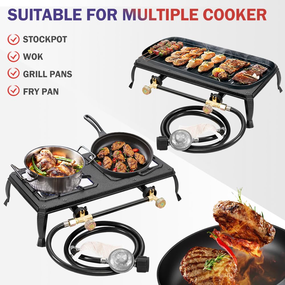 Vivicreate Cast Iron Propane Gas Stove Double Burner Heavy Duty Portable Removable Outdoor Cooker 200Lb Support High Heat For Ca
