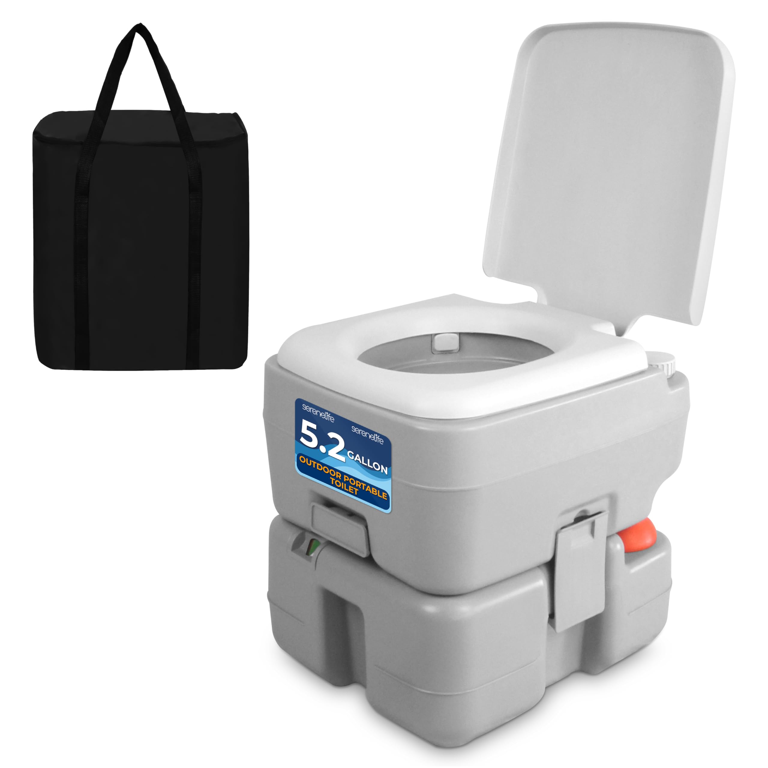 Serenelife Portable Toilet With Carry Bag - Indoor Outdoor Toilet With Chh Piston Pump & Level Indicator - 5.3 Gallon Large Wast