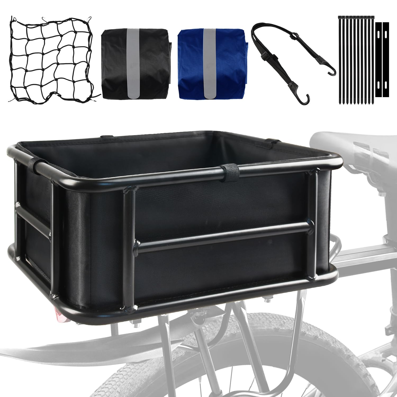 Rear Rack Bike Basket, Large Rear Bike Basket with Liners & Cargo Net & 2 Rain Covers, Heavy Duty Metal Bicycle Basket for Bicyc