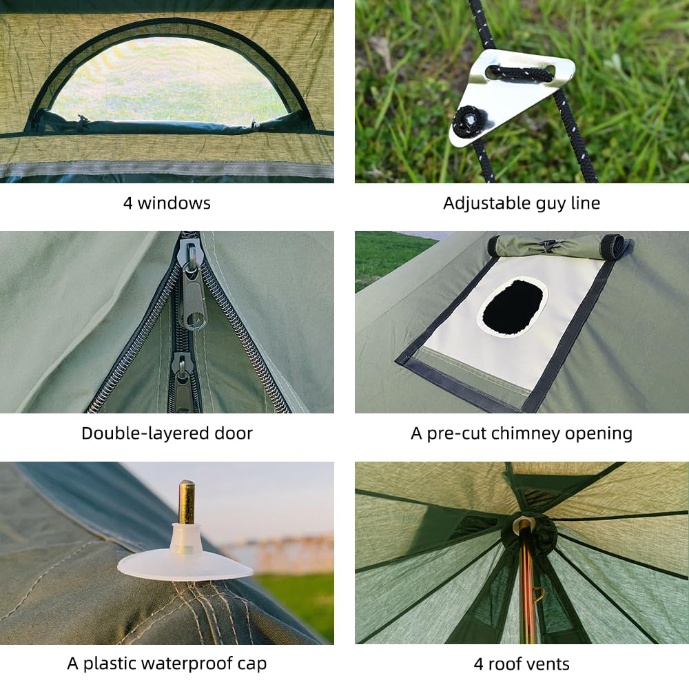 Waldzimmer Canvas Bell Tent 13.1Ft Green With Pre-Cut Stove Jack, Spacious 4M Family Yurt Tent For 4-5 Person, 4 Season Water-Re