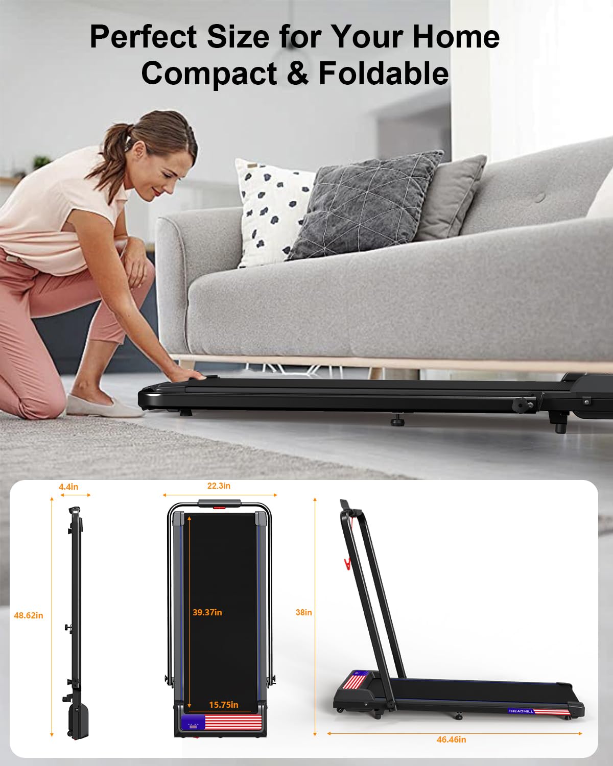 Treadmill Under Desk Walking Pad,2 In 1 Folding Treadmill For Home/Office With Remote Control And App,Flag