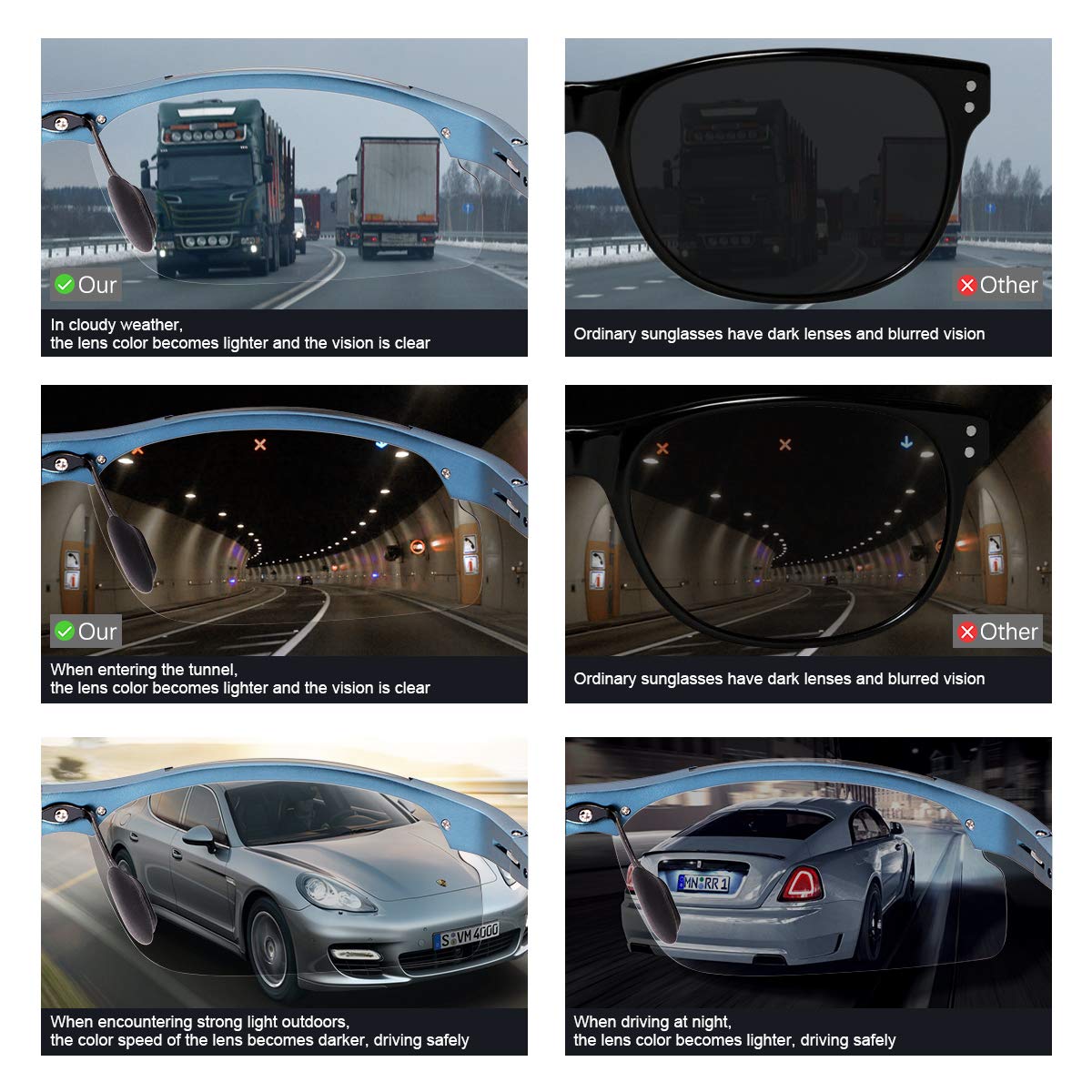 Yimi Polarized Photochromic Driving Z87 Sunglasses For Men Women Day And Night (8003-Blue Frame)