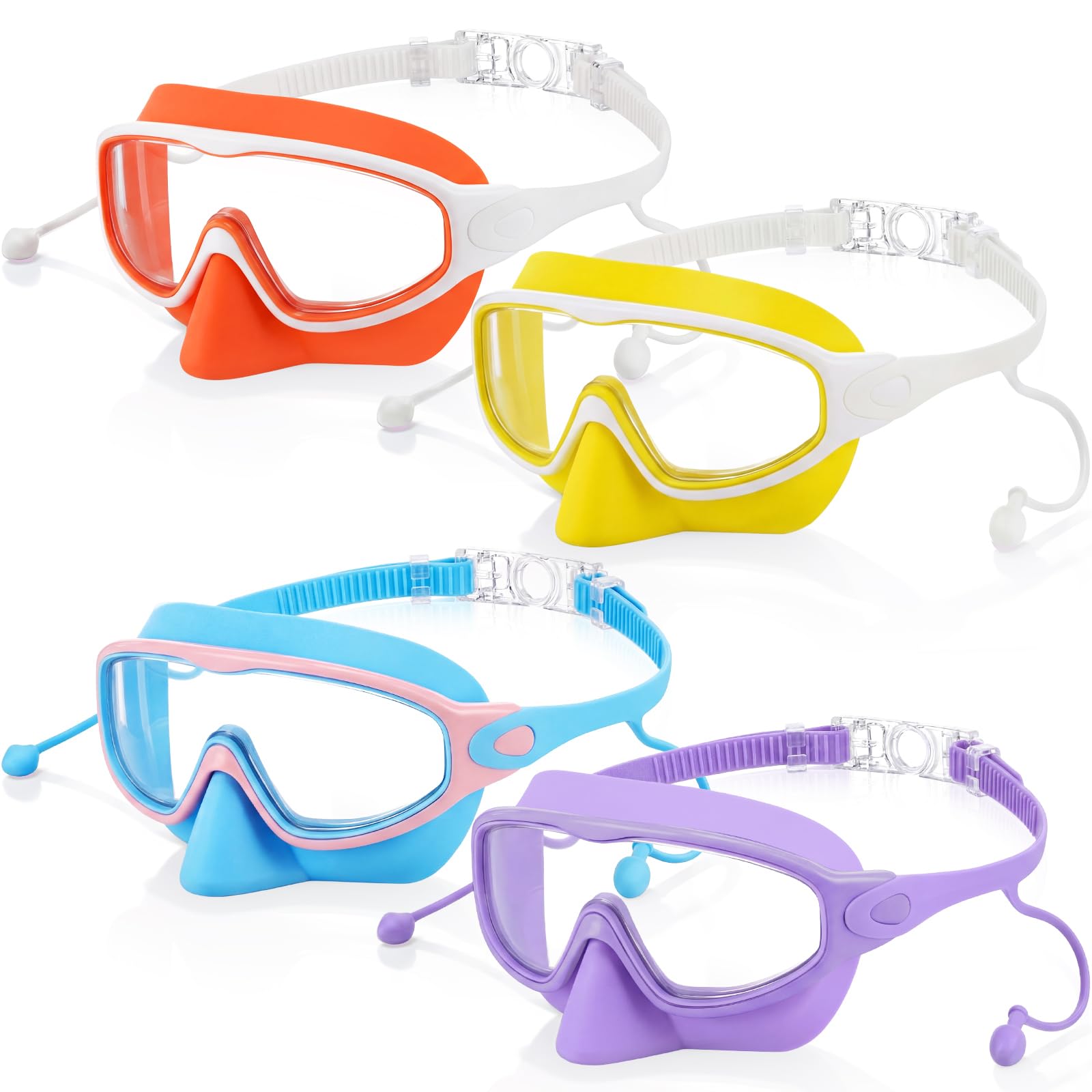 Saysurey 4 Pack Kids Swim Goggles with Nose Cover Swimming Mask with Ear Plugs UV No Leaking Anti Fog Pool Goggles for Boy Girl 