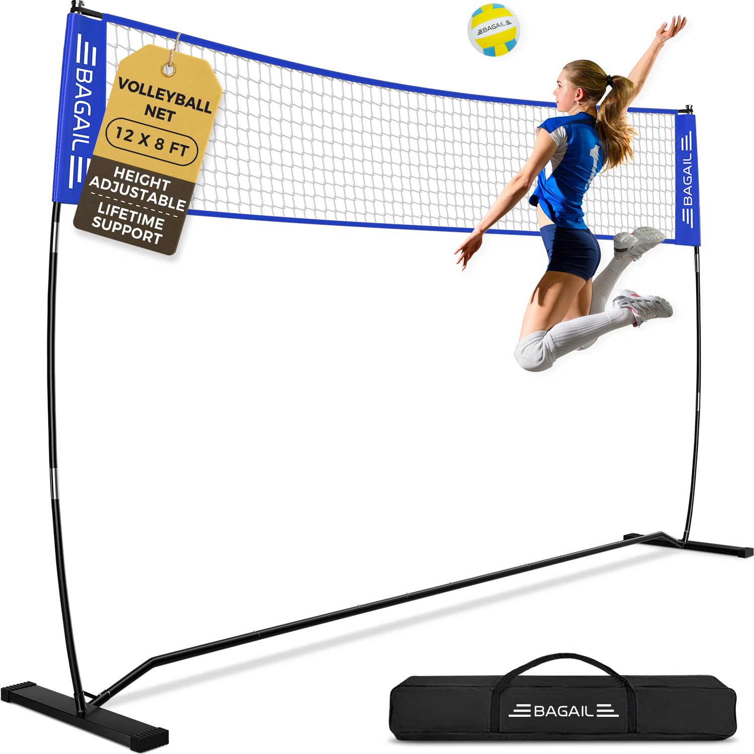 BAGAIL Volleyball Net, 12ft Portable Volleyball Net for Backyard - Adjustable Height, Heavy-Duty Frame, Freestanding Design - Po