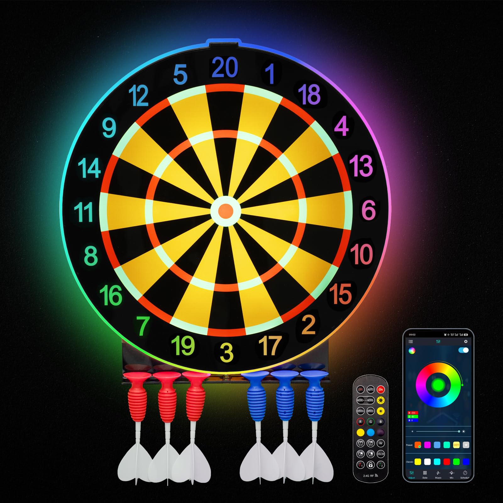 LED Light Up Dart Board with 6 Safe Suction Cup Darts, 15-Inch LED Dartboard with Backlight, Support Remote Control & Applicatio