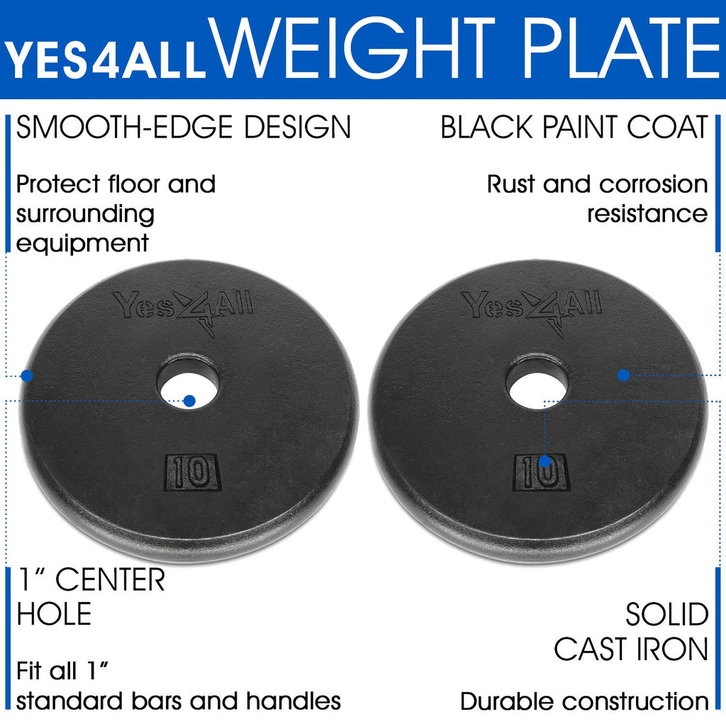 Yes4All Standard 1-Inch Cast Iron Weight Plates - 10Lbs Pair