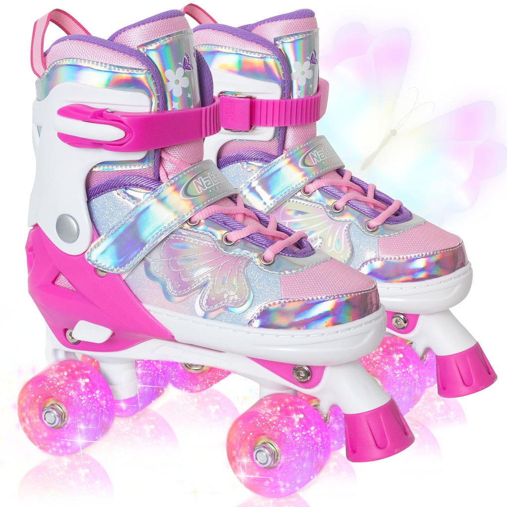 Kids Roller Skates For Girls Boys - Rose Red For Teenagers Youth Age 10 11 12 - Adjustable All Light Up Wheels Butterfly And Flo