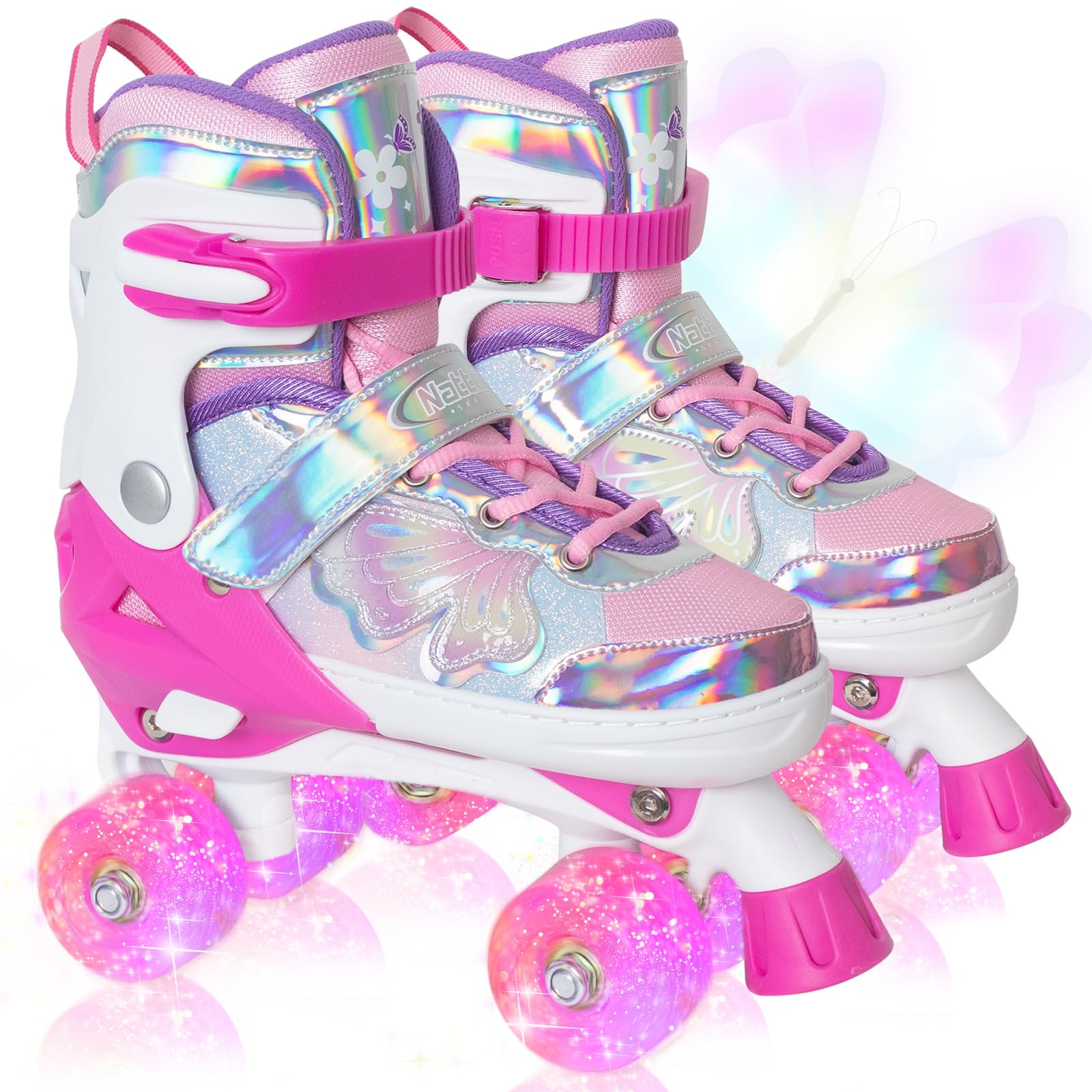 Kids Roller Skates For Girls Boys - Rose Red For Teenagers Youth Age 10 11 12 - Adjustable All Light Up Wheels Butterfly And Flo