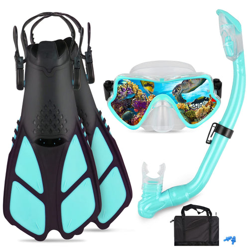 AosDero Kids Snorkeling Set Adjustable Swimming Kids Flippers+Panoramic Snorkel Mask+ Dry Snorkel Tube+ Travel Bags Suitable Sno