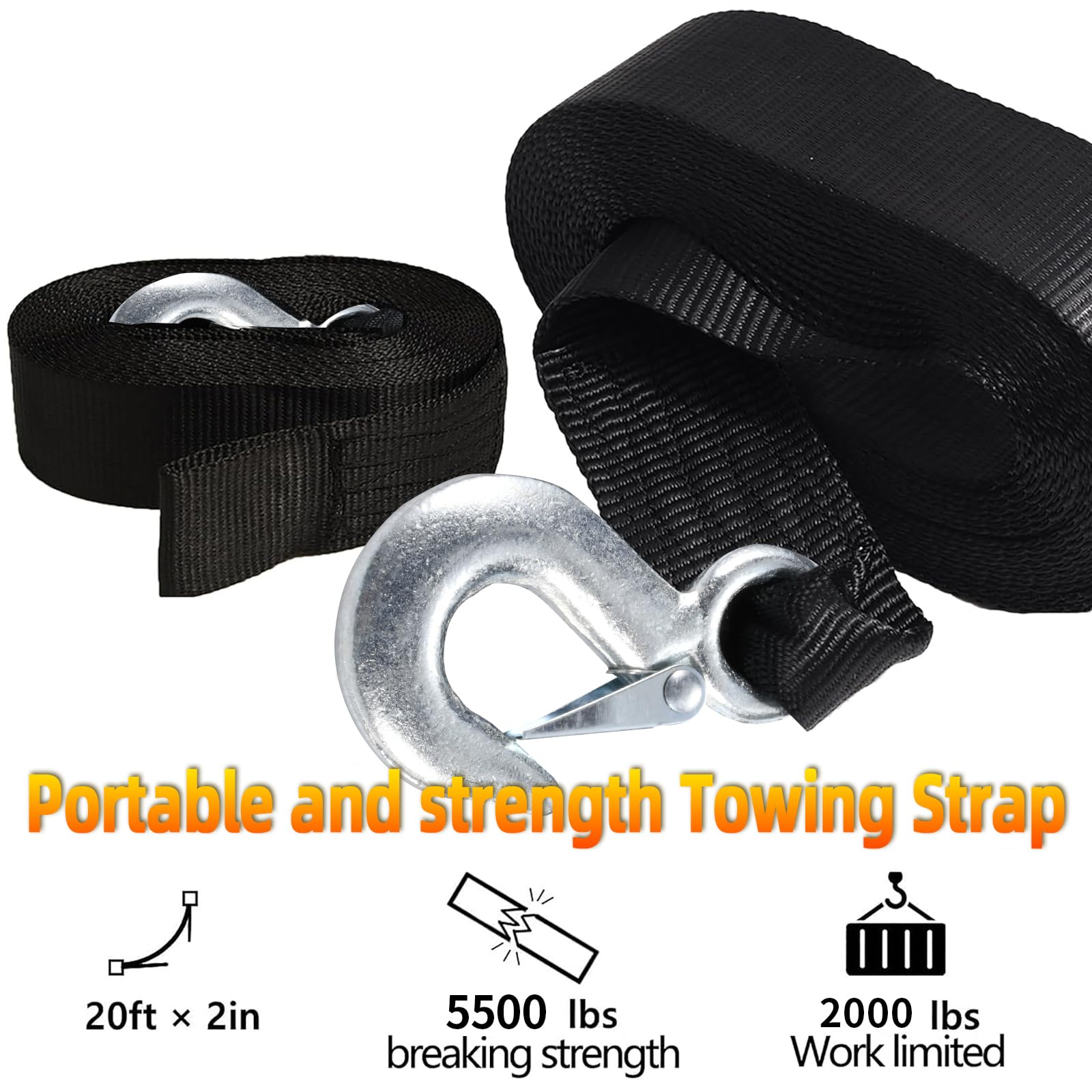 Seamander Boat Winch Strap With Hook,2'' X 20Ft 6000Lb Maximum Break Strength Boat Trailer Winch Strap For Fishing Boats,Towing