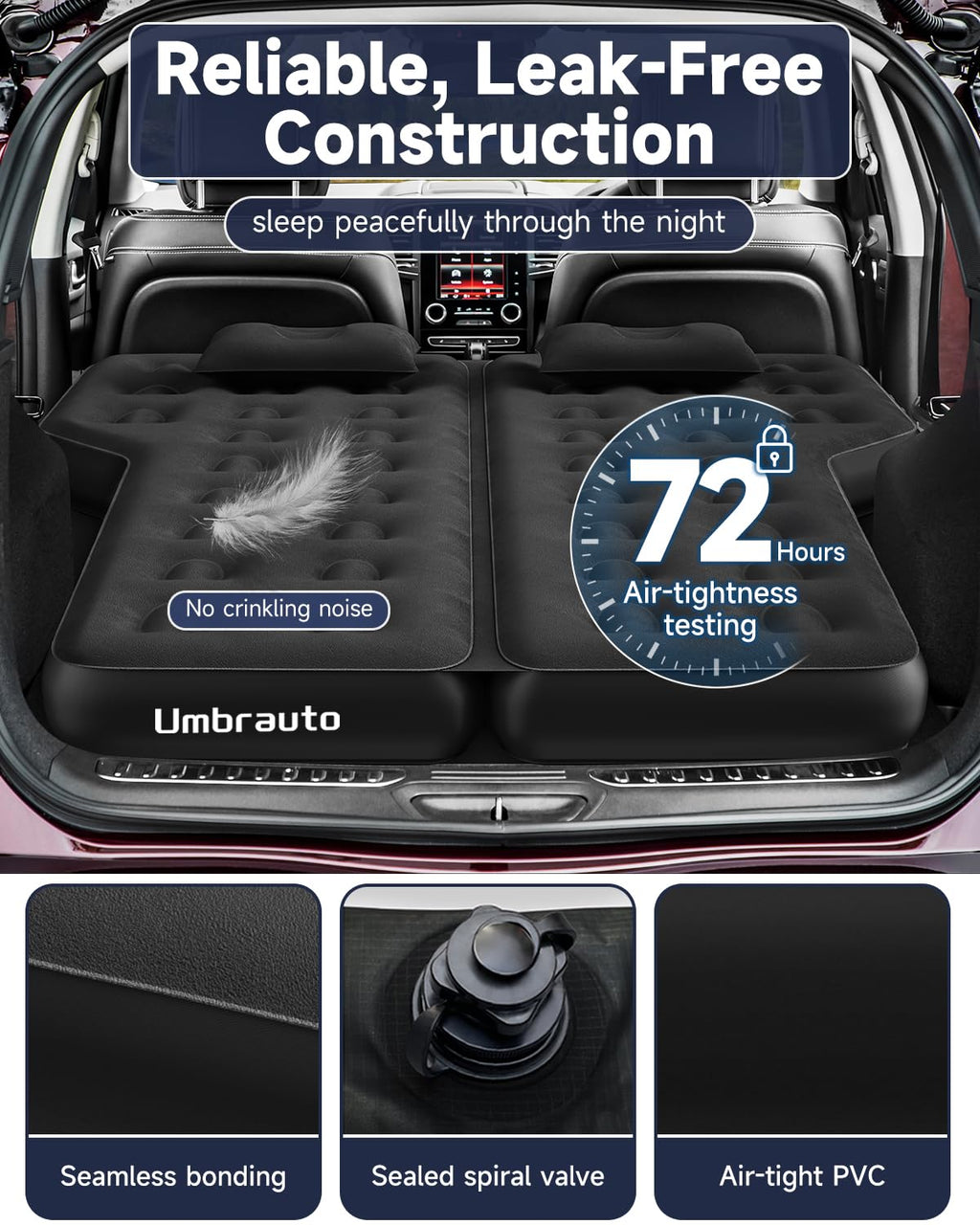 Umbrauto Heavy-Duty Suv Air Mattress W/Quick-Inflate Car Pump| Durable 2-Chamber Inflatable Van Sleeping Bed For Camping & Trave