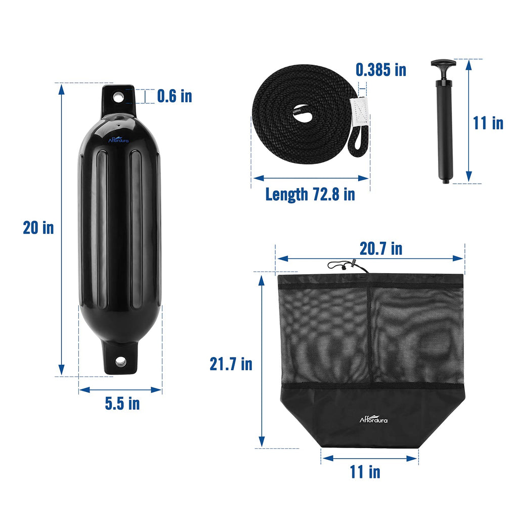 Affordura Boat Fender 4 Pack Boat Bumpers Fenders With 4 Ropes, Boat Bumpers For Pontoon Boat Fenders Inflatable (Black, 5.5 Inc