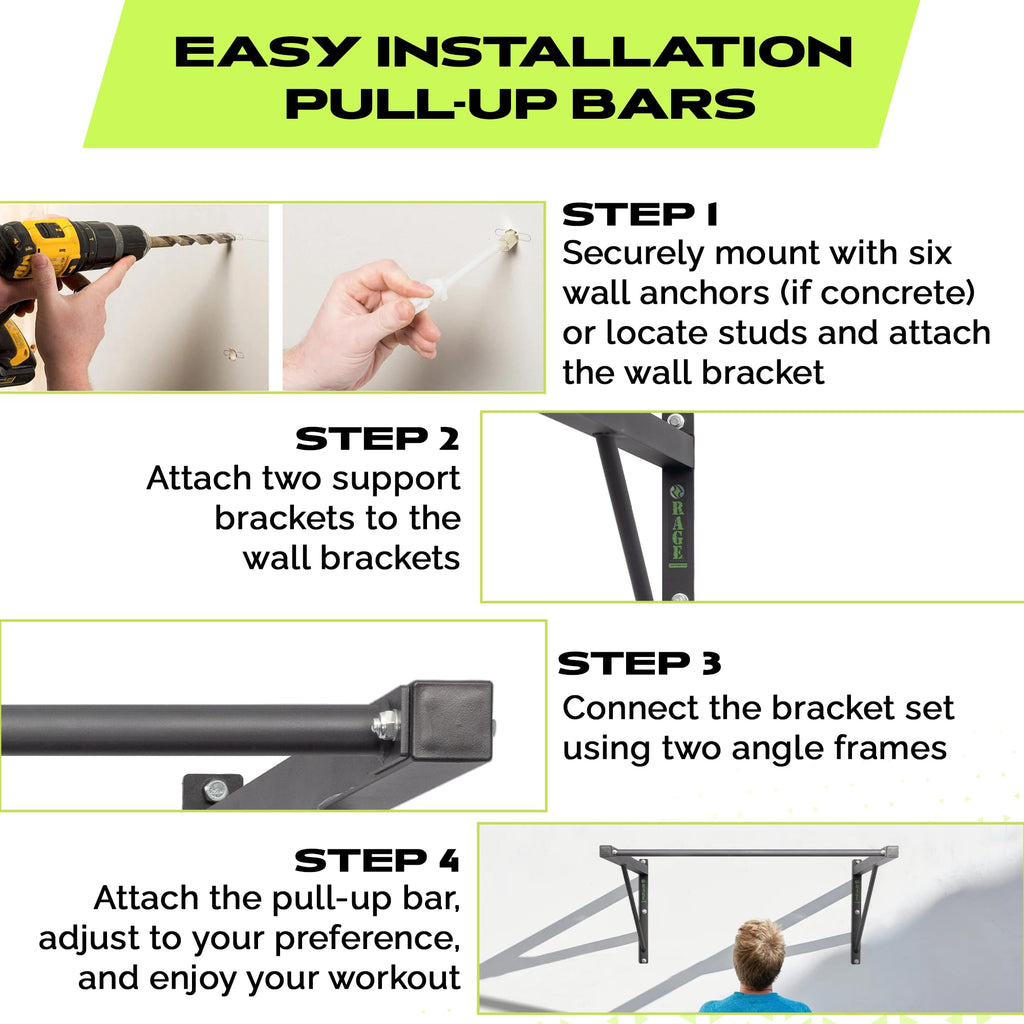 Rage Fitness Heavy-Duty Wall Mounted Pull Up Bar - 500 lbs Weight Capacity | Maintain Upper Body Strength & Core Stability | Spa