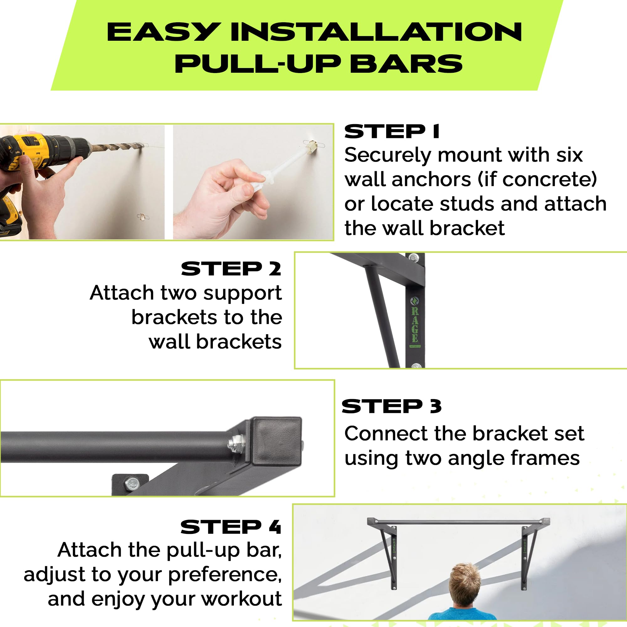 Rage Fitness Heavy-Duty Wall Mounted Pull Up Bar - 500 lbs Weight Capacity | Maintain Upper Body Strength & Core Stability | Spa