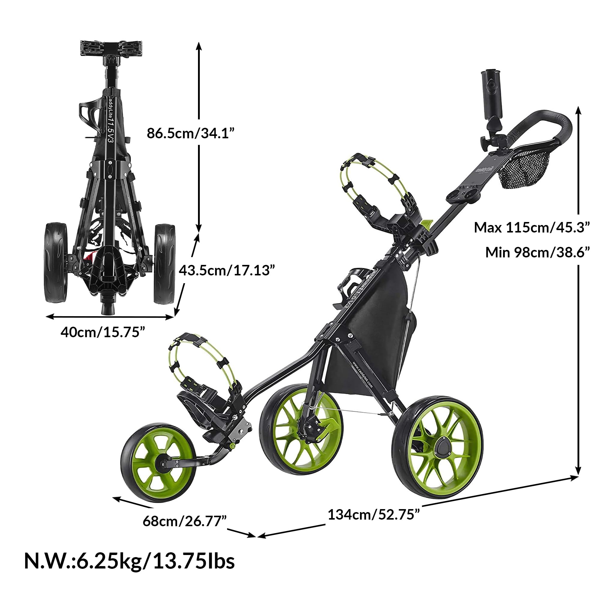 Caddytek Caddylite 115 V3 3 Wheel Golf Push Cart - Superlite Deluxe, Lightweight, Easy To Fold Caddy Cart Pushcart, Blacklime