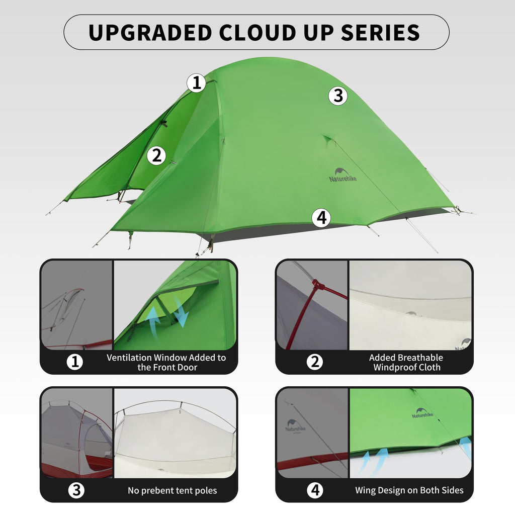 Naturehike Cloud Up Pro Backpacking Tent, Waterproof Lightweight 2 Person Tent For Camping, Double Layer Two Person Tent With Fo