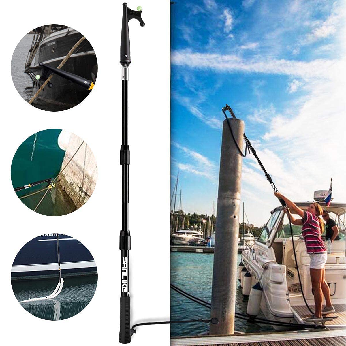 Sanlike Boat Hooks For Docking Telescoping Extension Pole Hook With Luminous Bead, Lightweight Floating, Non-Slip Rubber Handle,