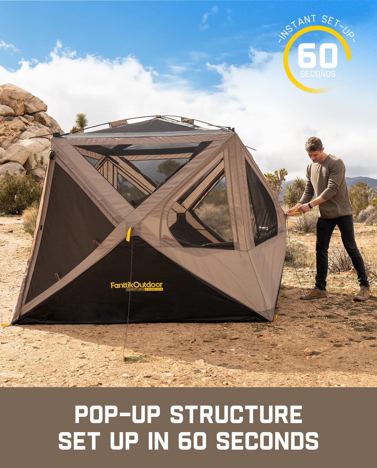 Fanttikoutdoor Alpha C4 Ultra Camping Tent 4 Person Pop Up Instant Cabin Setup In 60 Seconds Portable Hub Tent With Rainfly & Wi