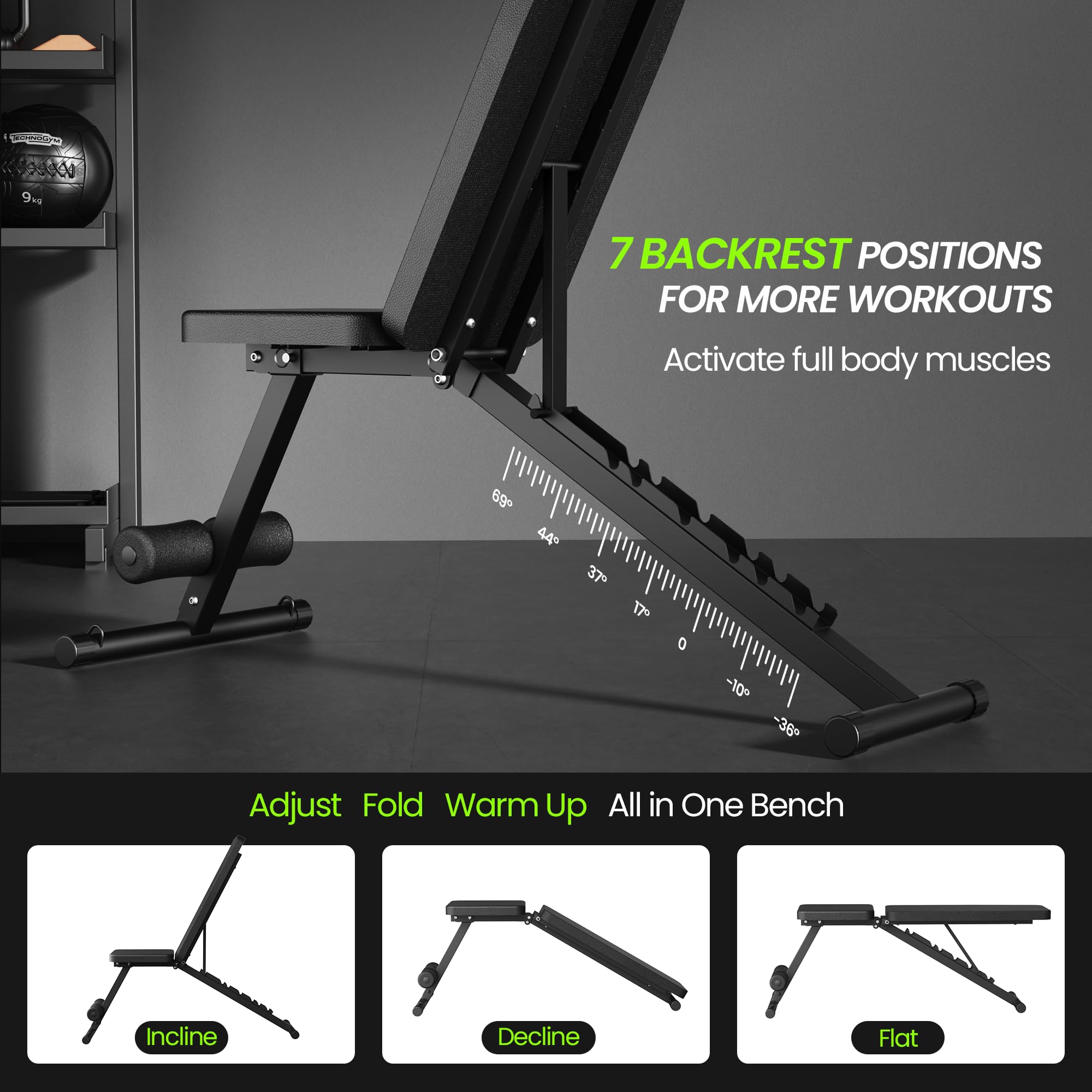 Adjustable Weight Bench for Home Gym, Foldable Workout Bench for Full Body Fitness Dumbbell Exercise, 600LBS Incline Decline Fla
