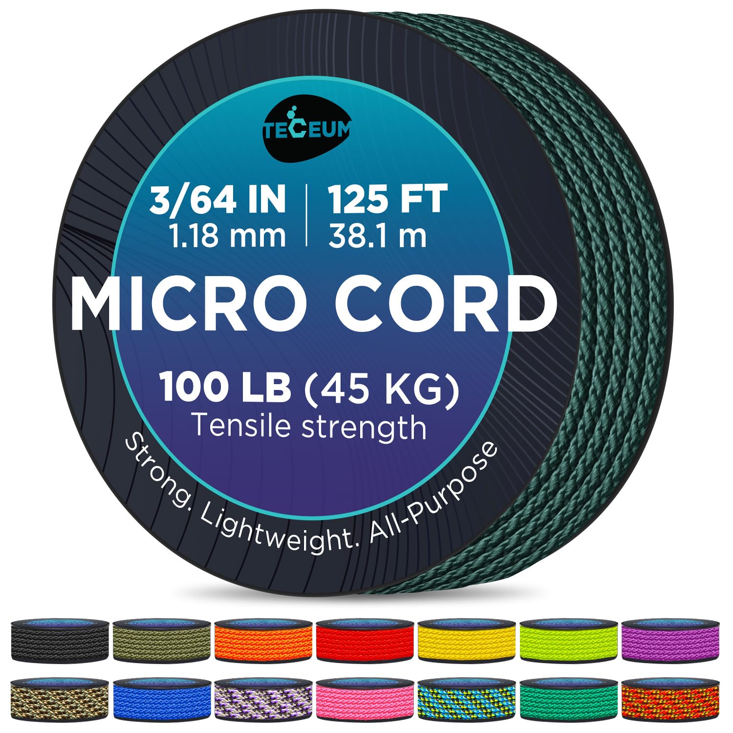 Teceum Micro Paracord - Dark Emerald Green - 1.18 Mm X 125 Ft - Micro Utility Cord - Thin Braided Paracord Rope Nylon Polyester 