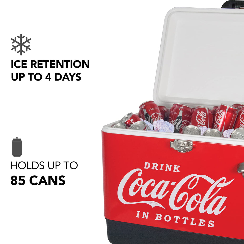 Coca-Cola Ice Chest Beverage Cooler With Bottle Opener, 51L (54 Qt), 85 Can Capacity Portable Cooler, Red And Black, For Camping