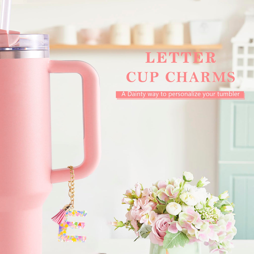 Letter Charm Accessories for Stanley Cup 1 PCS Cute Initial Keychain Handle Charm for Stanley Tumbler for Women Pink Letter E