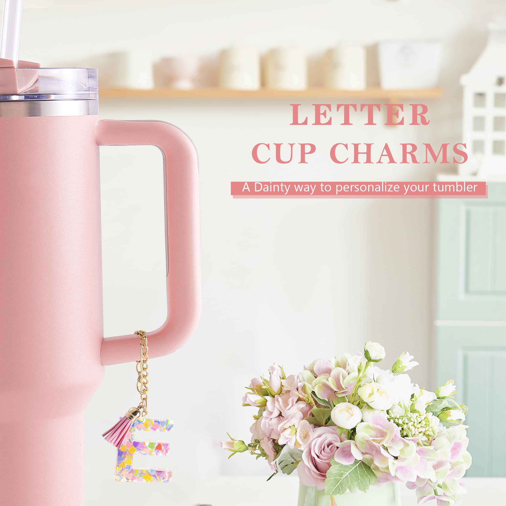 Letter Charm Accessories for Stanley Cup 1 PCS Cute Initial Keychain Handle Charm for Stanley Tumbler for Women Pink Letter E