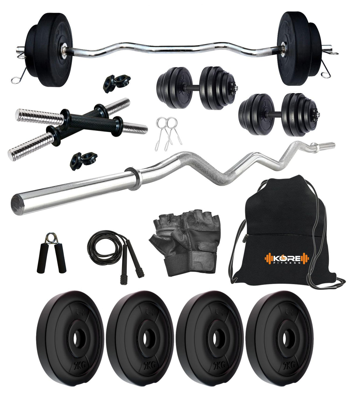 Kore Pvc 8 Kg Home Gym Set With One 3 Ft Curl And One Pair Dumbbell Rods With Gym Accessories, Black