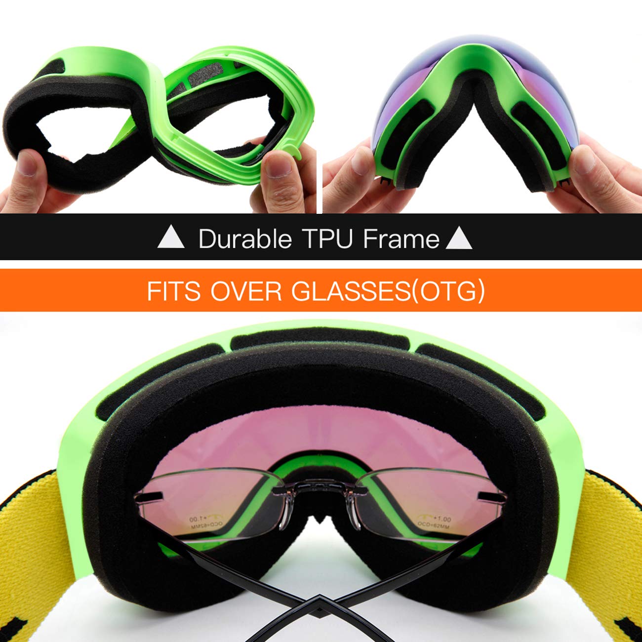Juli Kids Ski Goggles,Interchangeable Double Layer Spherical Lens,Otg Anti-Fog Snowboard Skate Snow Goggles Age 4-16 4300(Green)