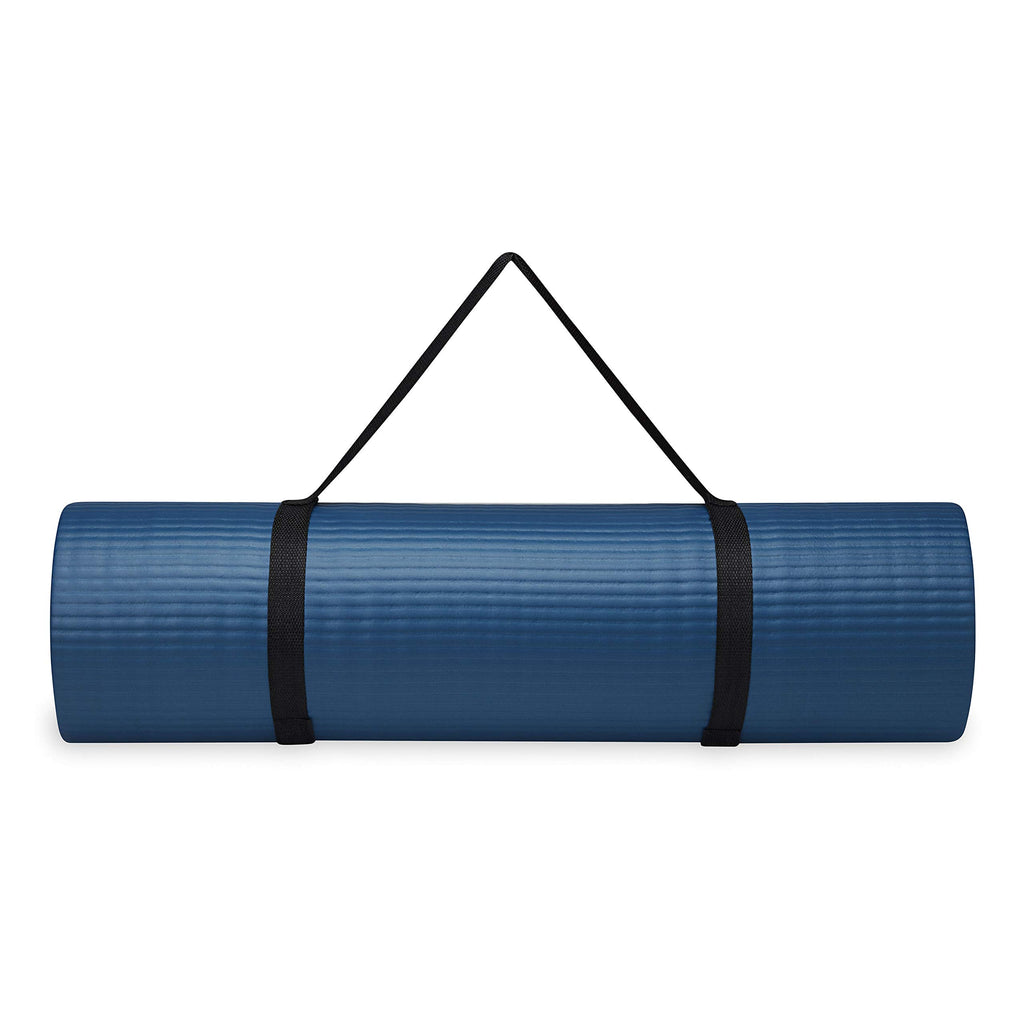 Gaiam Essentials Thick Yoga Mat Fitness & Exercise Mat With Easy-Cinch Carrier Strap, Navy, 72''L X 24''W X 2/5 Inch Thick, 10Mm