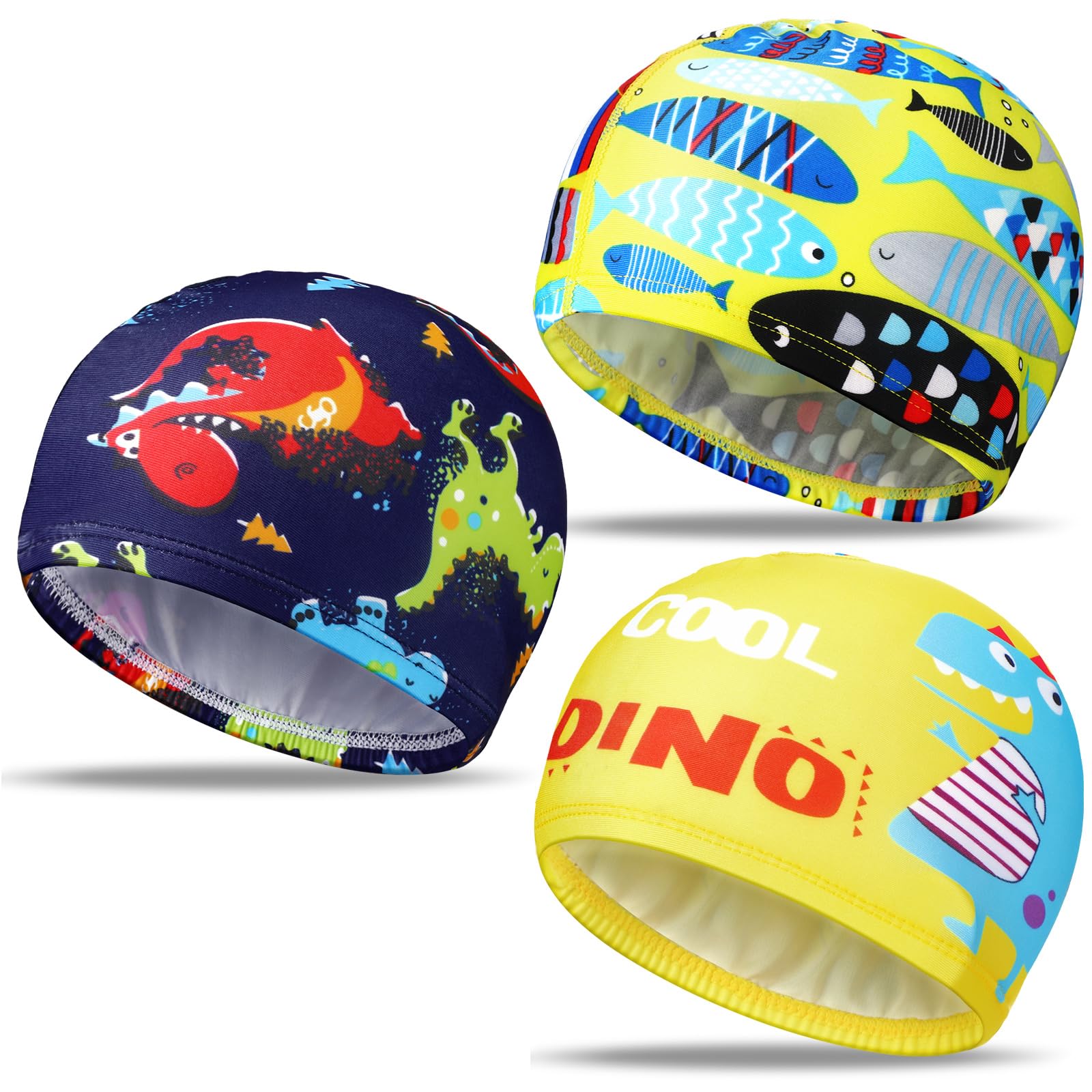 Geyoga 3 Pcs Kids Swim Caps for Boys Girls Age 2-12 Swimming Hat Pool Cap Child Swim Hat for Toddler Youth(Blue, Yellow,Cute Sty