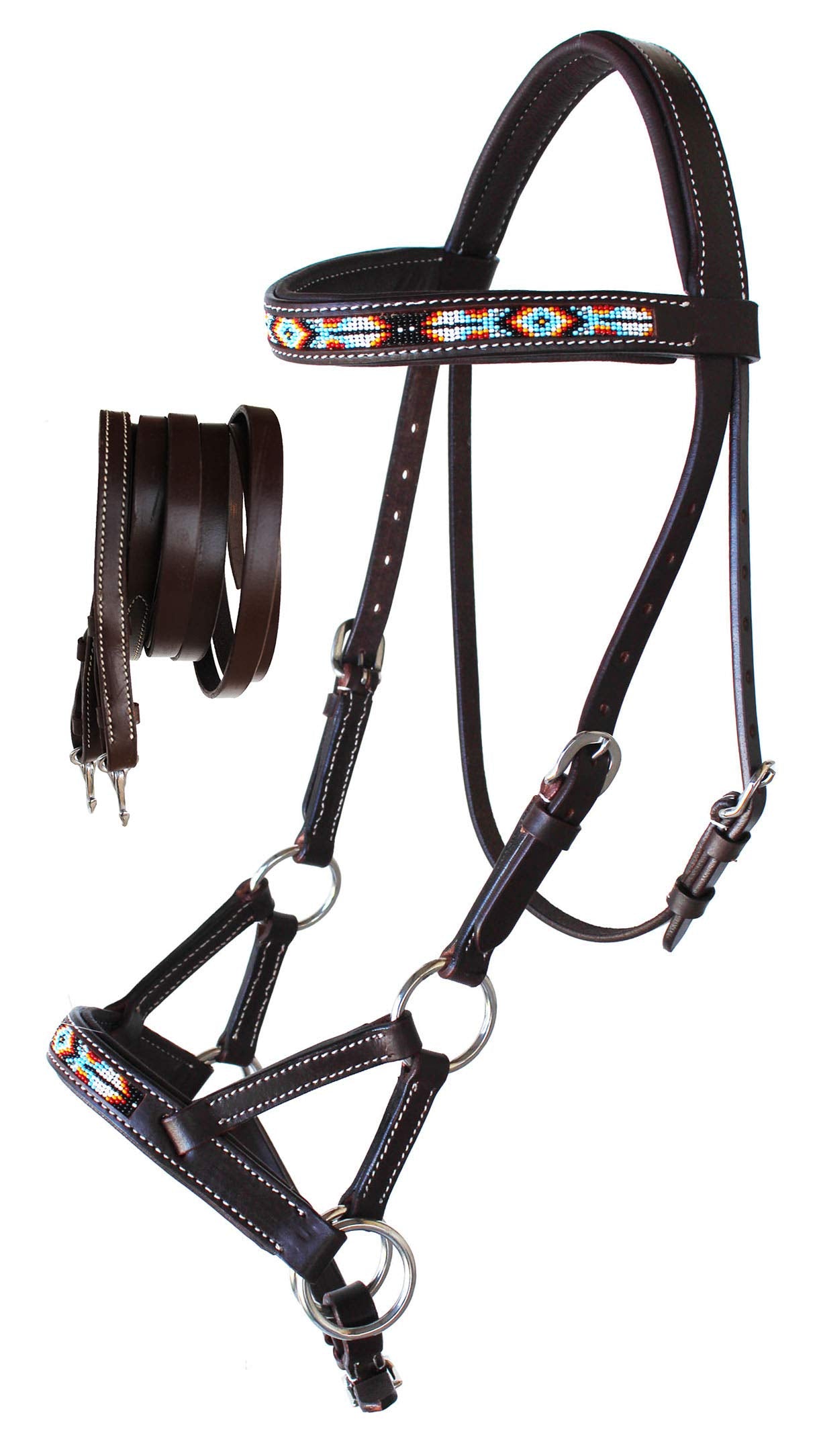 Challenger Horse Western Leather Tack Bitless Sidepull Bridle W/Reins Brown 77Rt10Br-F