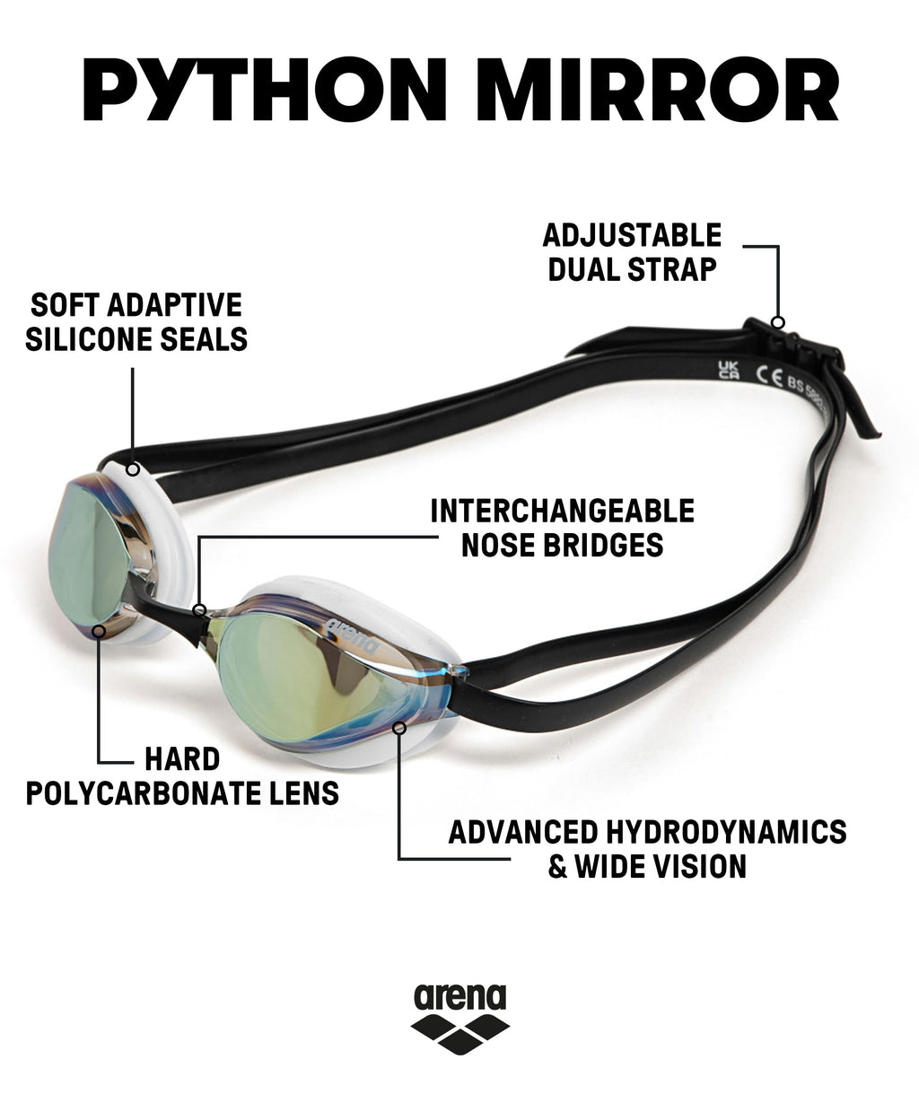 Arena Unisex Adults Python Racing Swim Goggles For Men And Women Anti-Fog Mirror Lens Max Comfort Dual Strap, Gold/White/Black