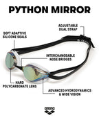 Arena Unisex Adults Python Racing Swim Goggles For Men And Women Anti-Fog Mirror Lens Max Comfort Dual Strap, Gold/White/Black