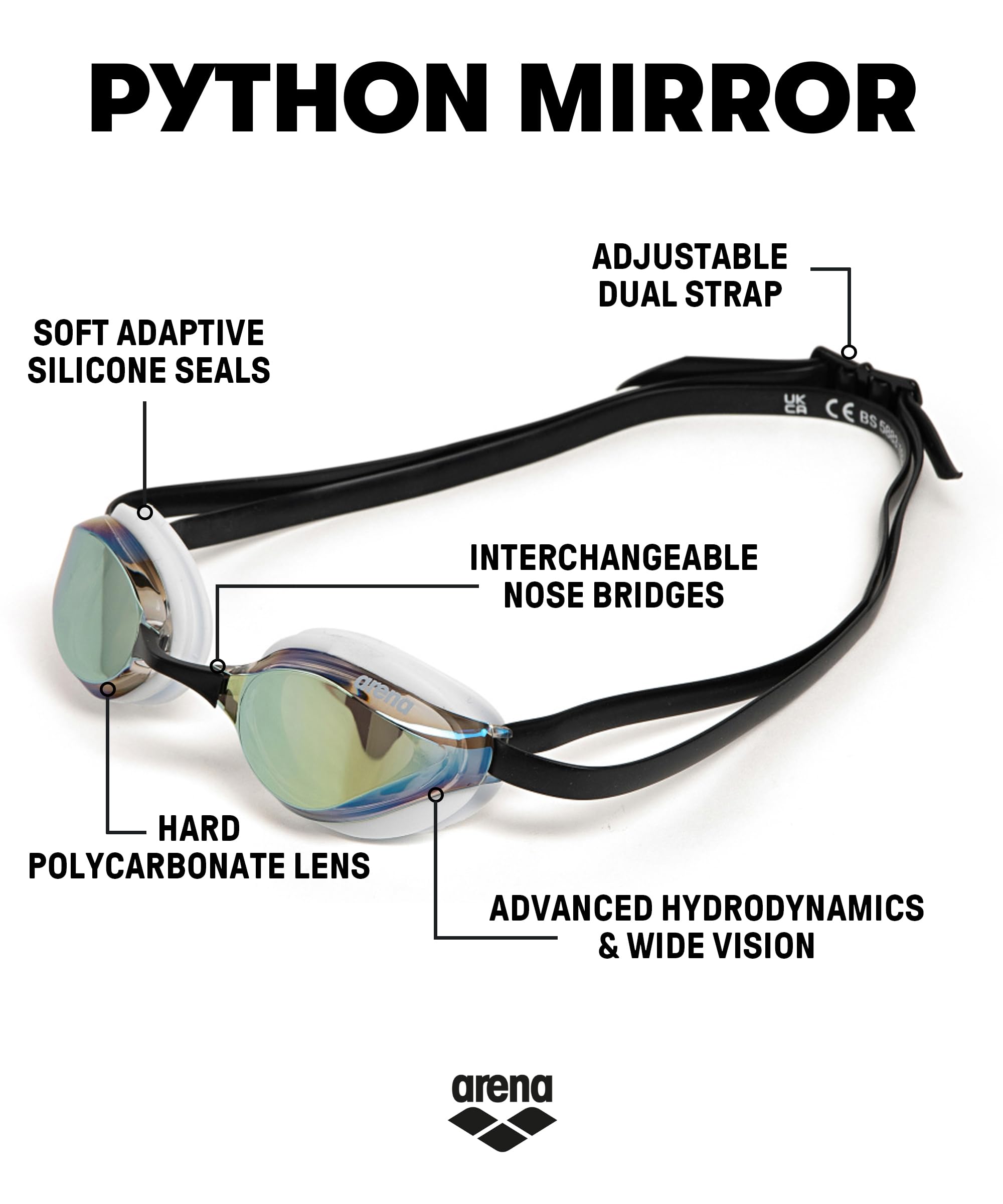 Arena Unisex Adults Python Racing Swim Goggles For Men And Women Anti-Fog Mirror Lens Max Comfort Dual Strap, Gold/White/Black