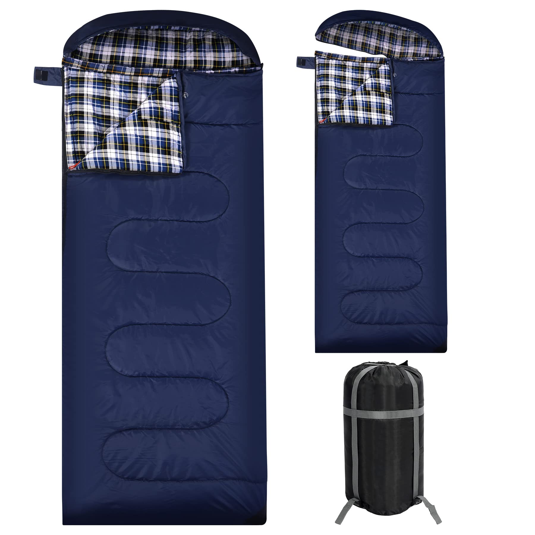 Redcamp Flannel Sleeping Bag For Adults, Large Cotton Sleeping Bags For Camping With Detachable Hood, Blue Plaid With 3Lbs Filli