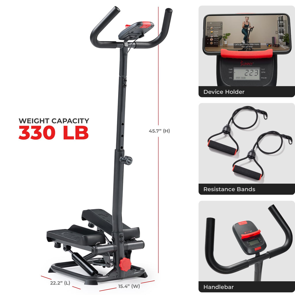 Sunny Health & Fitness Total Body 2-in-1 Smart Stepper Machine for Home with Handlebar and Resistance Bands, Total Body Workout,