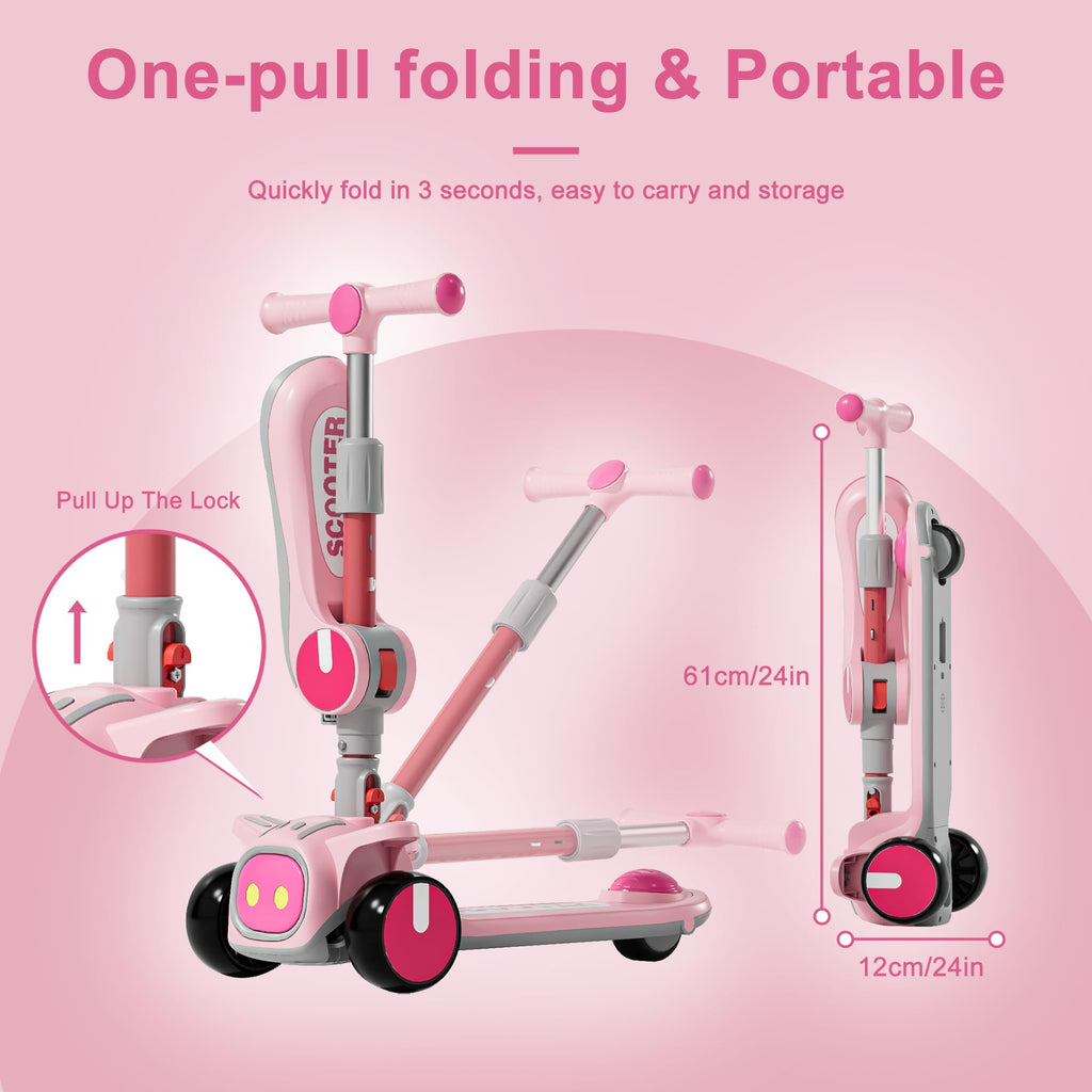3 Wheel Scooter for Kids - Foldable & Unbreakable, 2-in-1 Kick Scooter with Music and Lights, Adjustable Height, Wide Deck, Flas