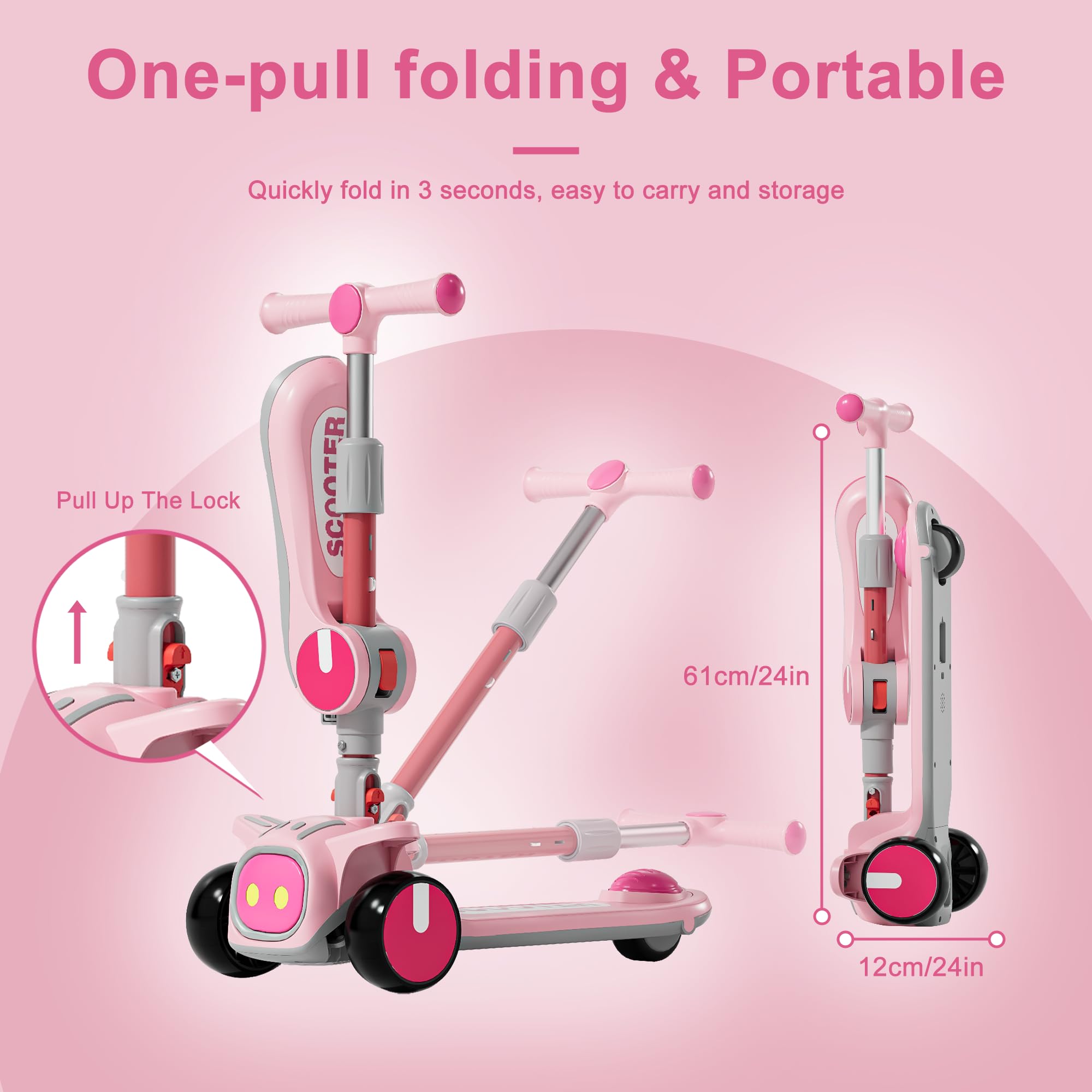 3 Wheel Scooter for Kids - Foldable & Unbreakable, 2-in-1 Kick Scooter with Music and Lights, Adjustable Height, Wide Deck, Flas
