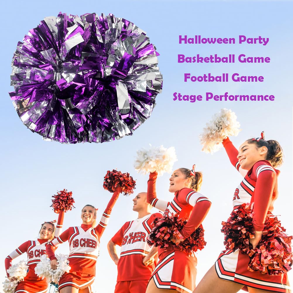 Hooshing 2Pcs Cheerleading Pom Poms Metallic Purple And Silver Cheer Pompoms With Baton Handle For Team Spirit Sports Dance Chee