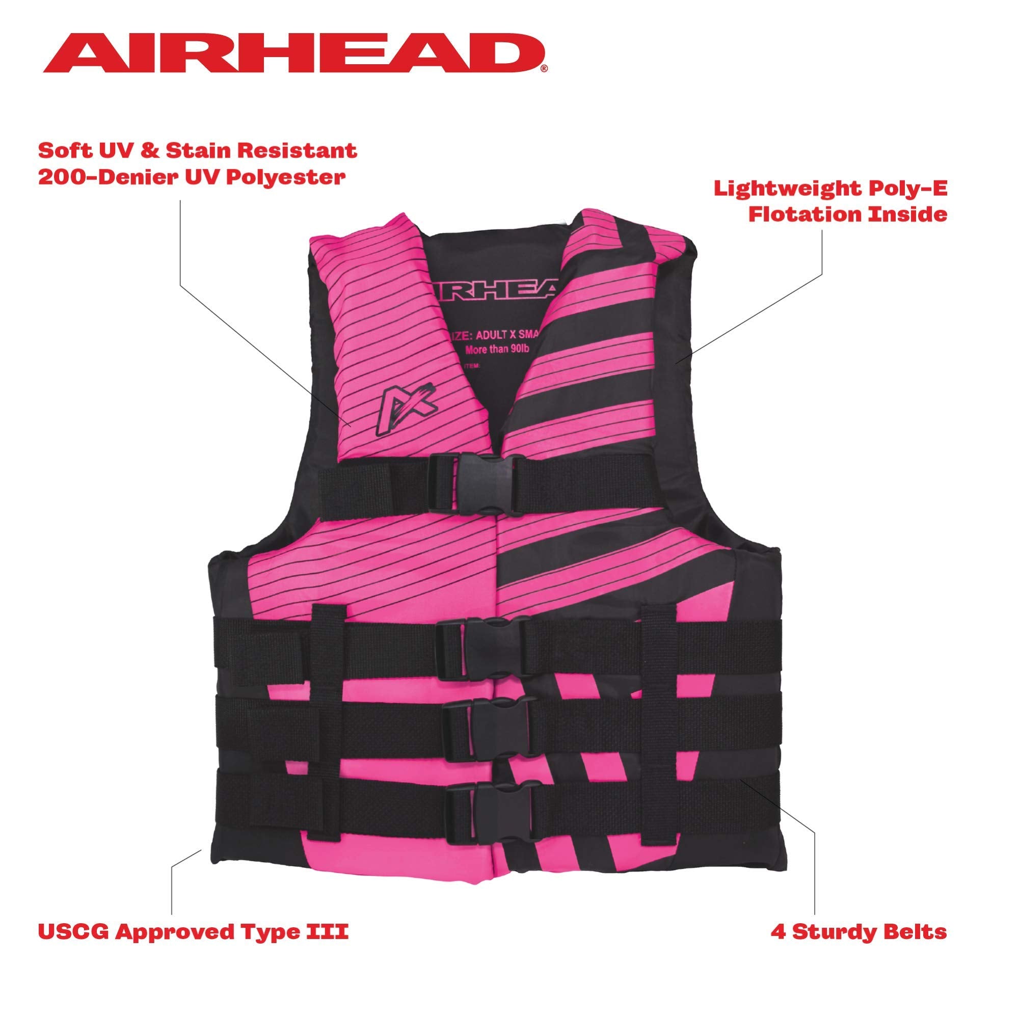 Airhead Womens Trend Life Jacket, Coast Guard Approved, Large/X-Large, Pink