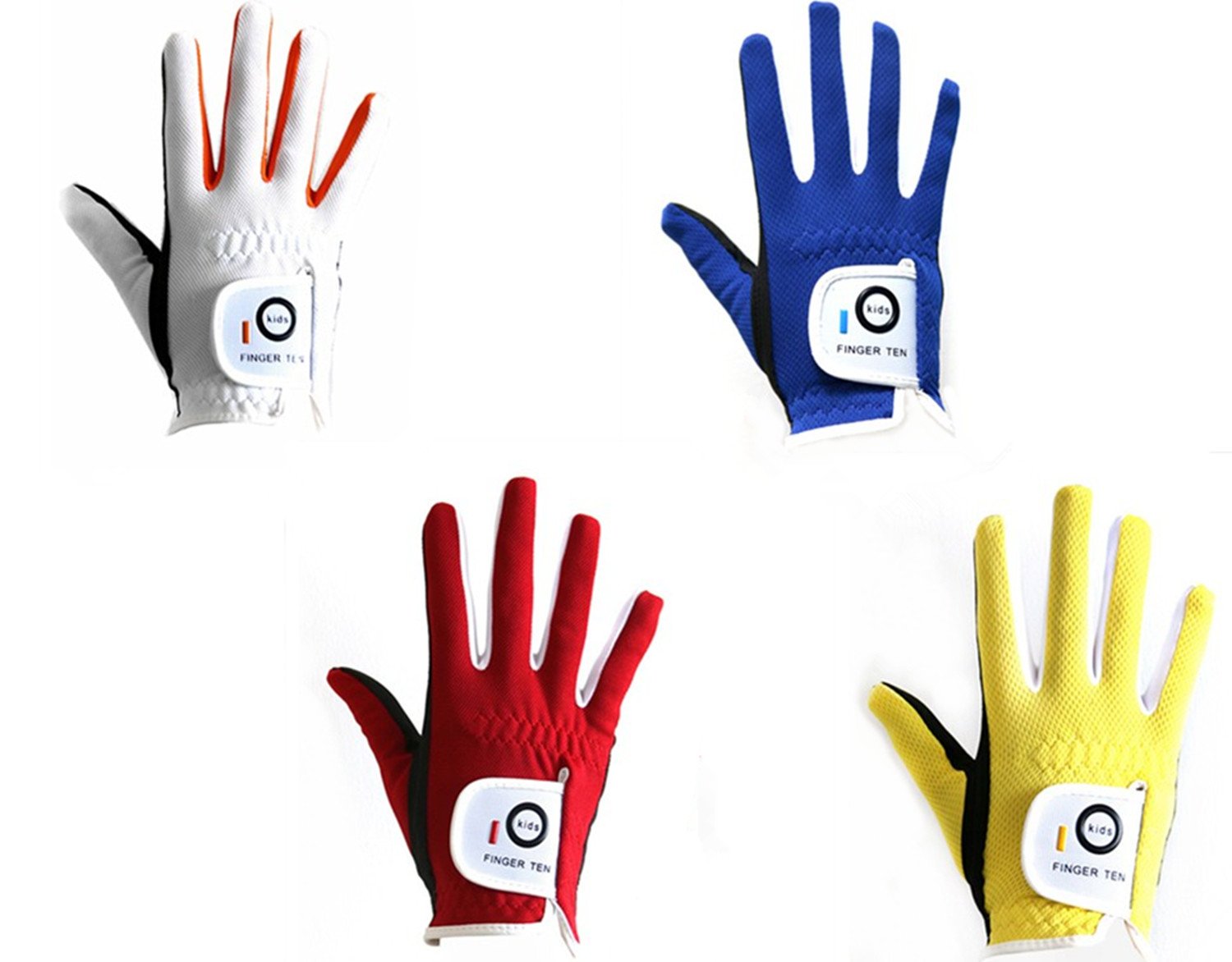 FINGER TEN Junior Kids Dura Feel White Blue Red Yellow Golf Gloves Extra Value 2 Pack (X-Large(Age 9-10) Blue, Worn on Right Han
