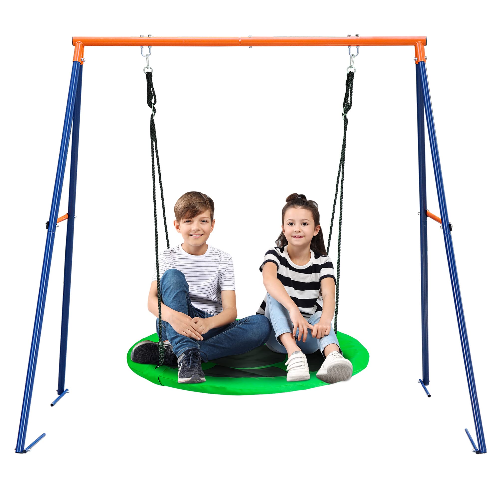 SUPER DEAL Saucer Swing and Stand Set 40 inch Green Swing with 440LBS Heavy Duty A Frame Stand Combo, Ground Stakes and Adjustab