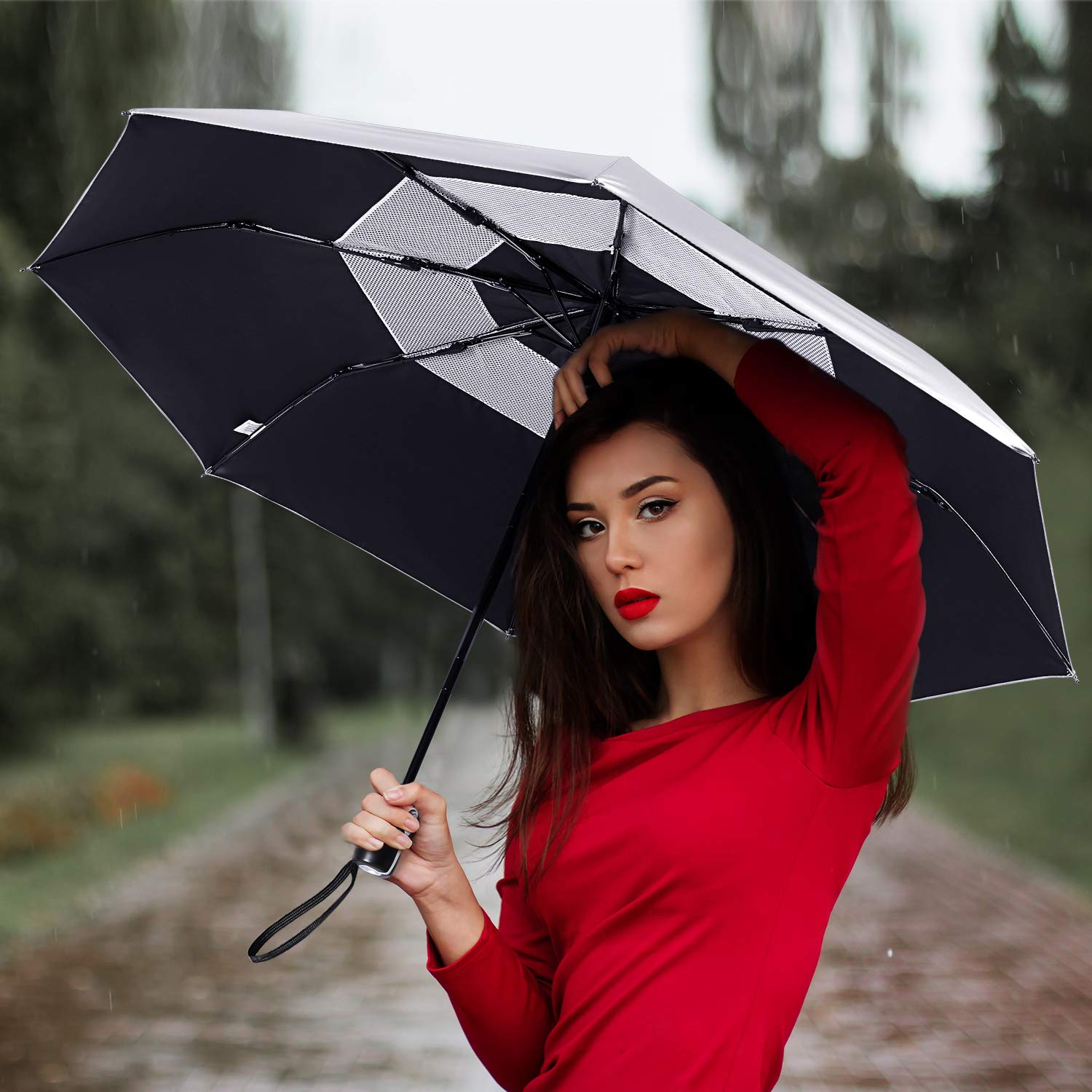 G4Free Upf 50+ Uv Protection Travel Umbrella 42 Inch Auto Open Close Silver Vent Double Canopy Folding Sun Blocking Umbrella (Si