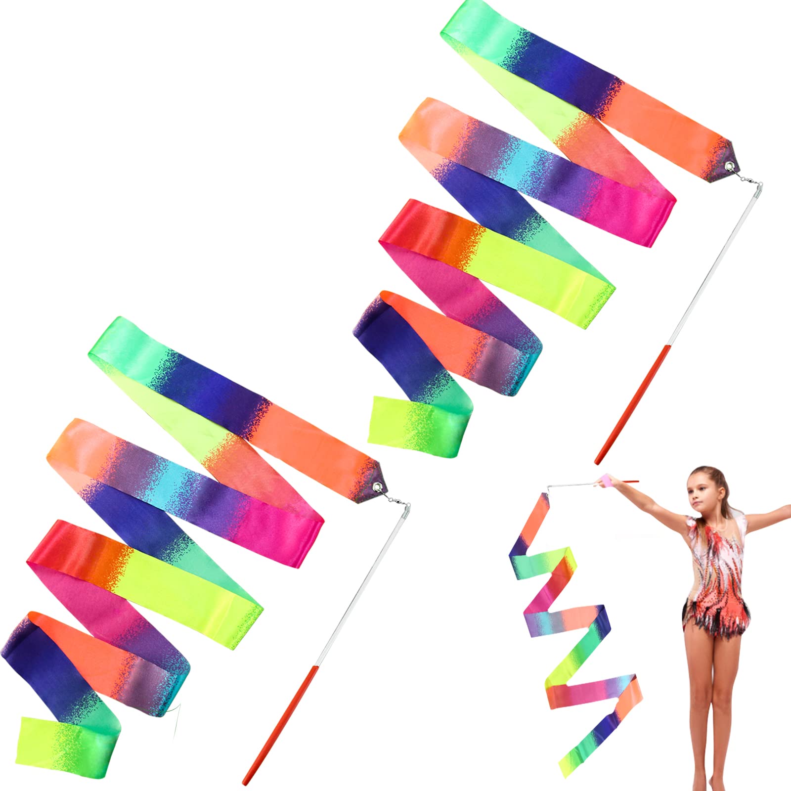 2Pcs Ribbon Wands Rainbow Dance For Kids, 78.74 Inch Rhythmic Gymnastics Ribbon Dancer Wand With Rod, Soft Rainbow Ribbon Twirli