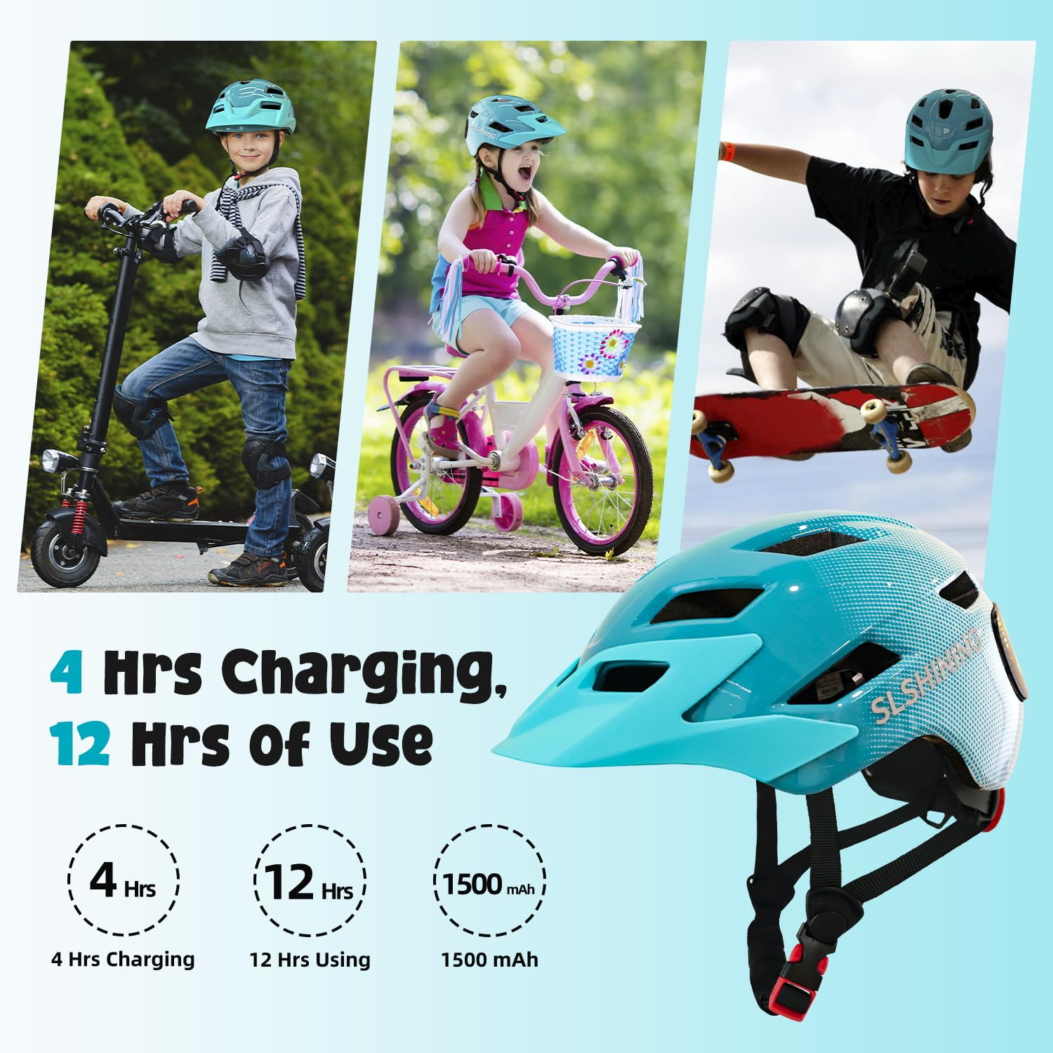 Kids Bike Helmet With Led Display, Size Adjustable Smart Bicycle Helmet With Remote Control, 63 Patterns, 11 Air Vents, For Skat