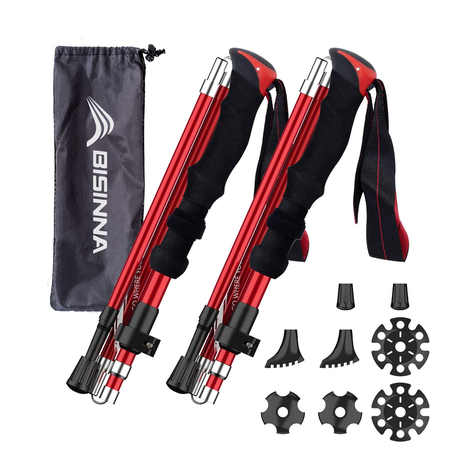 Bisinna Collapsible Trekking Hiking Poles- 2 Pack Folding Aluminum Walking Sticks With Quick Lock System 4 Season Accessories,Te
