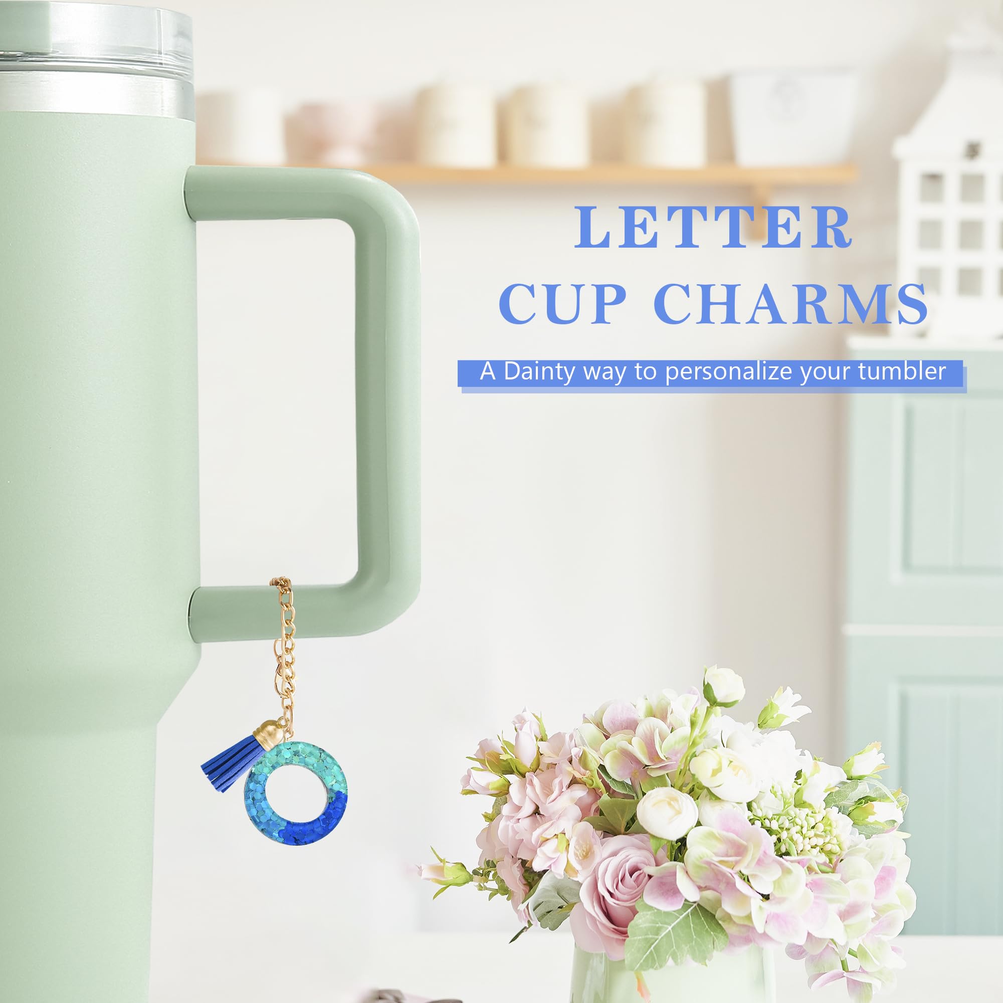 Letter Charm Accessories for Stanley Cup 1 PCS Cute Initial Keychain Handle Charm for Stanley Tumbler for Women Blue Letter O