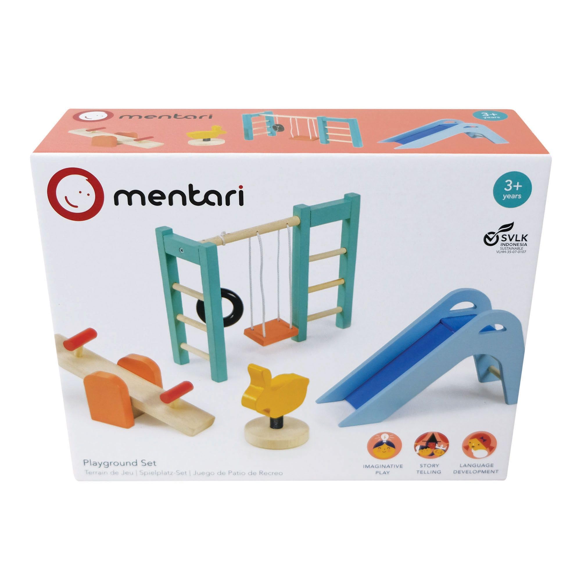Mentari Toys - Playground Set - Wooden Playground Equipment For Doll House - Interactive Pieces For Small World Play - Encourage